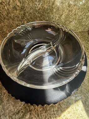 Vintage Clear Glass 2-Part Divided Relish Dish Serving Bowl with Scalloped Rim a